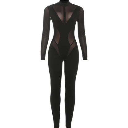 Kliou Sexy Fashion Jumpsuits Woman Mesh Patchwork Zip Turtleneck Full Sleeve Skinny Stretch Midnight Club Party Hipster Overalls