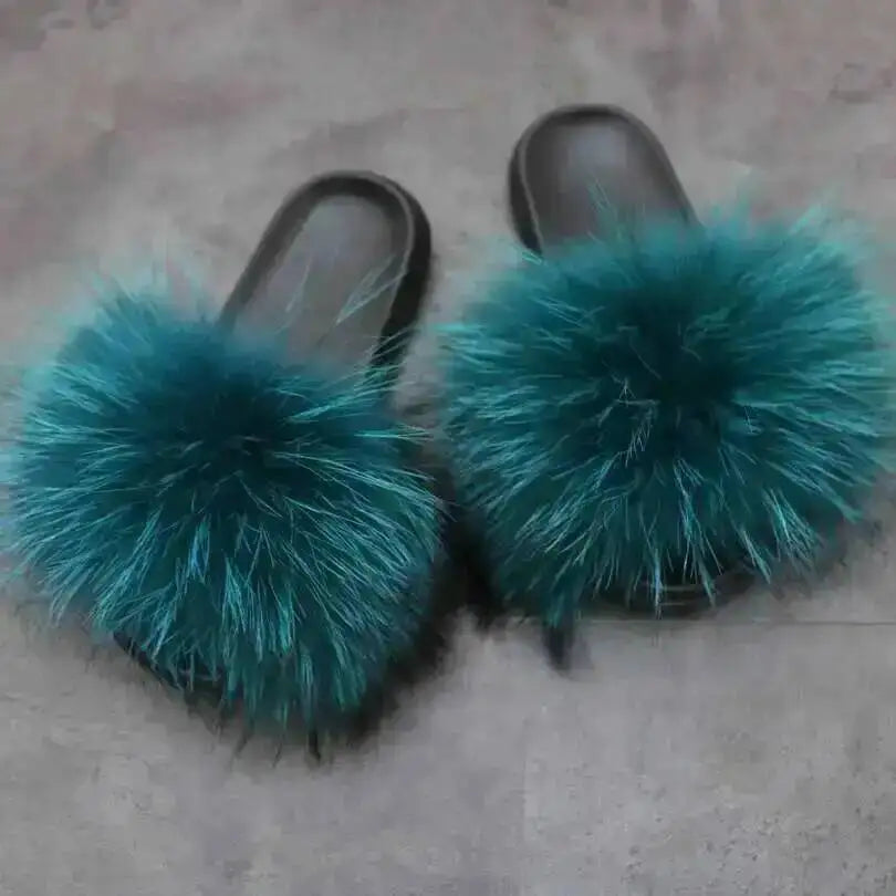 Real Raccoon Fur Slippers For Women 2026 Summer Fluffy Indoor House Fuzzy Flat Slides Outdoor Fashion Beach Sandals Flip Flops