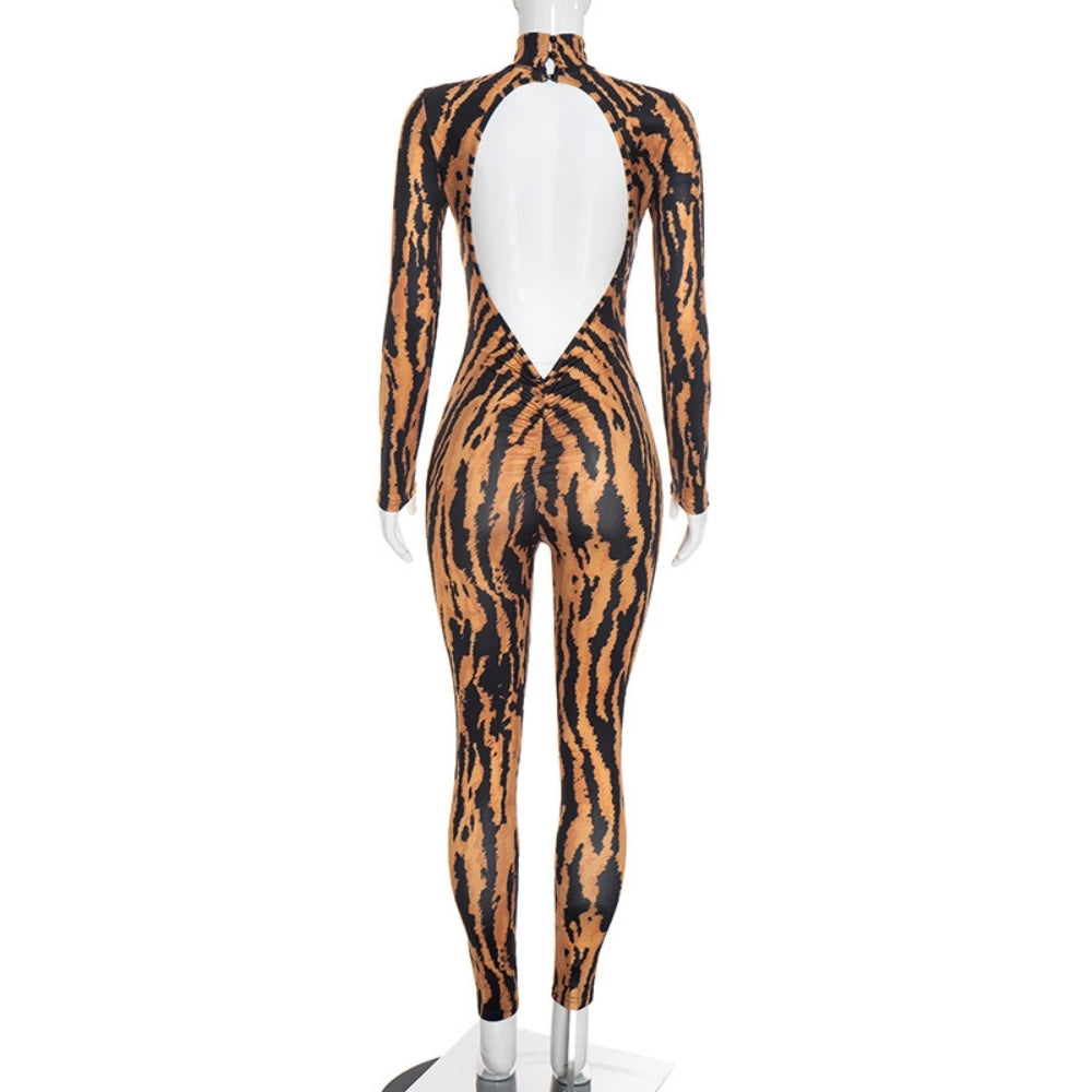 HLJ&GG Autumn Stripe Print Backless One Piece Jumpsuits Women Round Neck Long Sleeveless Slim Playsuits Sexy Overalls Streetwear