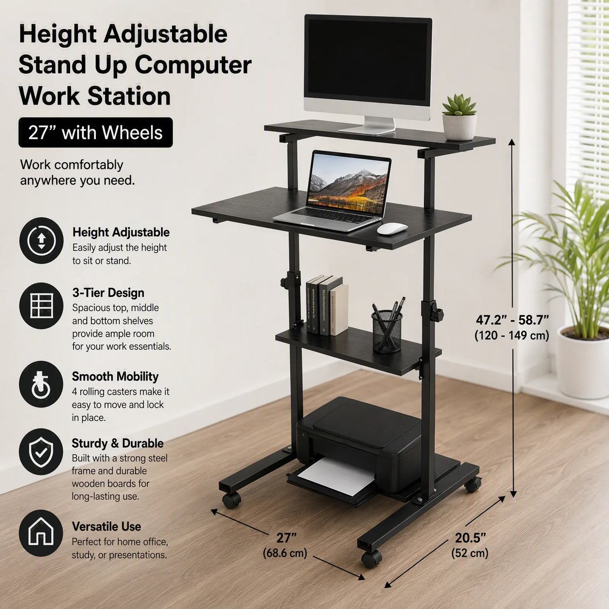 Standing Black Computer Desk 27" With Casters Mobile Standing Desk Height Adjustable Stand up Work Station, Stand up Desk Cart  Ergonomic Portable Lectern, Mobile Vertical Computer Desk, Laptop Desk, Office Desk