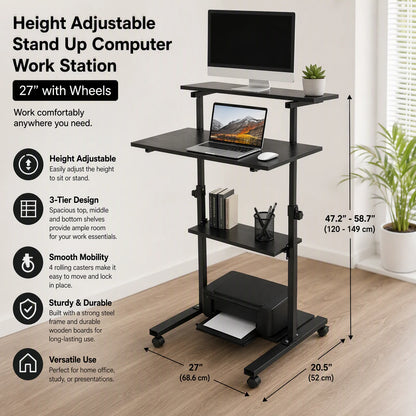 Standing Black Computer Desk 27" With Casters Mobile Standing Desk Height Adjustable Stand up Work Station, Stand up Desk Cart  Ergonomic Portable Lectern, Mobile Vertical Computer Desk, Laptop Desk, Office Desk