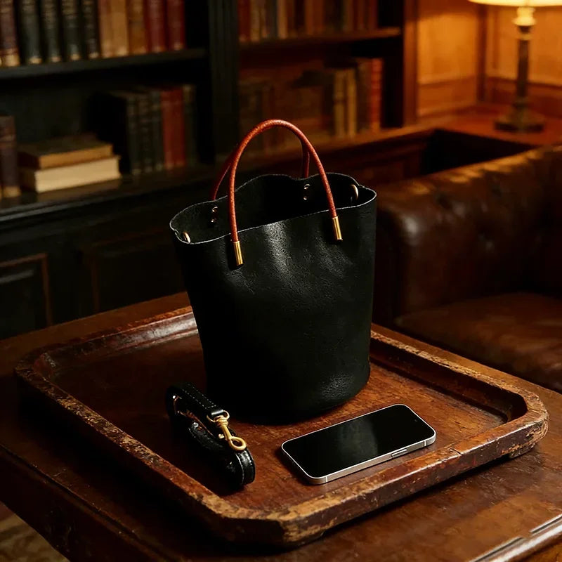 Luxury Leather Green Bucket Bag Retro Metal Handle Large Capacity Tote Bag Fashionable Casual Solid Color Shoulder Bag