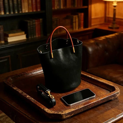 Luxury Leather Green Bucket Bag Retro Metal Handle Large Capacity Tote Bag Fashionable Casual Solid Color Shoulder Bag
