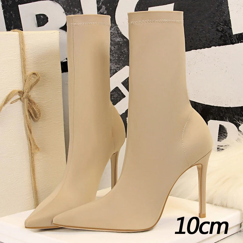 BIGTREE Shoes Stiletto Sexy Elastic Boots Women Shoes Sexy Stretch Fabric Ankle Boots Pointed Tip High Heels Boots Plus Size 43