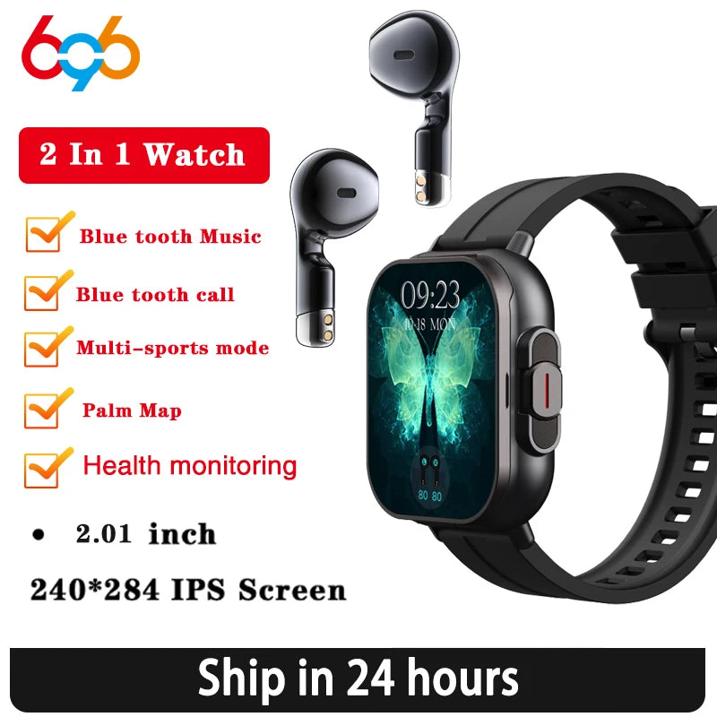 BT Call Blue Tooth Headphones Watches 2.01" Headset 2 in 1 Smart Watch Heart Rate Sport Fitness Bracelet TWS Earphone Smartwatch
