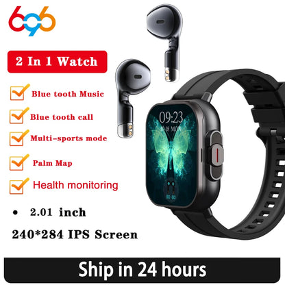 BT Call Blue Tooth Headphones Watches 2.01" Headset 2 in 1 Smart Watch Heart Rate Sport Fitness Bracelet TWS Earphone Smartwatch