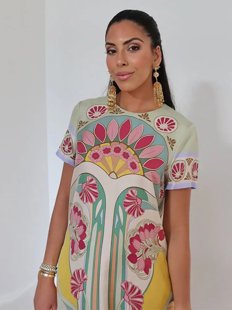 Women Art Floral Print Feather Hem Maxi Dress Short Sleeve Crew Neck Loose Fit Dresses 2026 Summer Fashion Elegant Lady Outwear