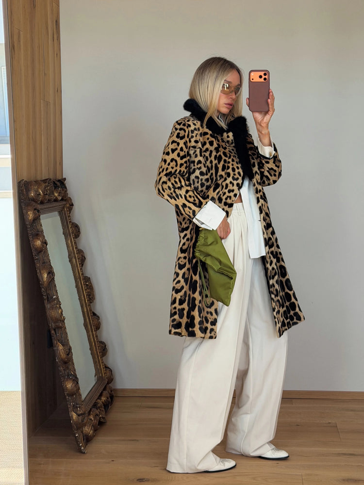 Vintage Leopard Print Coat Women Faux Fur Trim Collar Long Sleeve Loose Mid-length Warm Jacket Club Street Ladies Outerwear