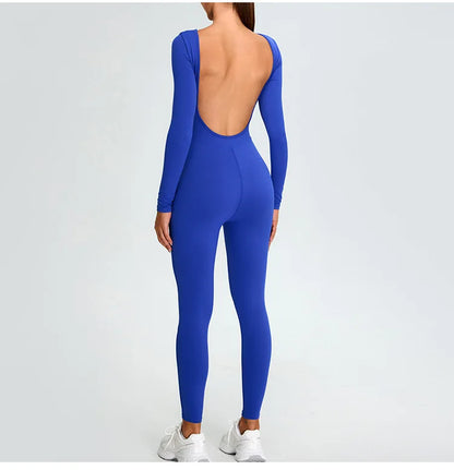 New Summer Sexy V Back Gym Sports Jumpsuit Yoga Clothes Rompers Women Long Sleeveles Workout Bodysuits Backless One-piece Suit