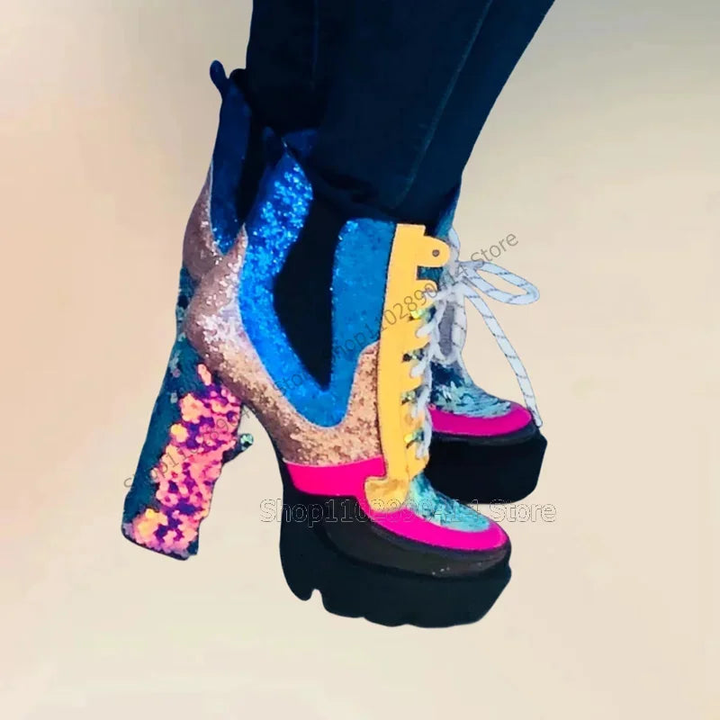 Colorful Sequins Patchwork Round Toe Platform Boots Cross Tied Women Shoes Chunky High Heels Fashion 2025 Zapatos Para Mujere