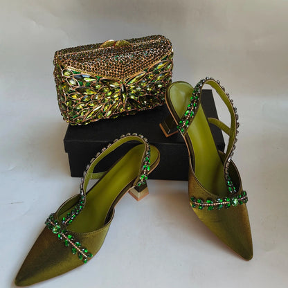 Insightlink Olive Green Rhinestone Chain Pointed Toe Heels Sparkly Crystal Ankle Strap Pumps Luxury Wedding Evening Shoes