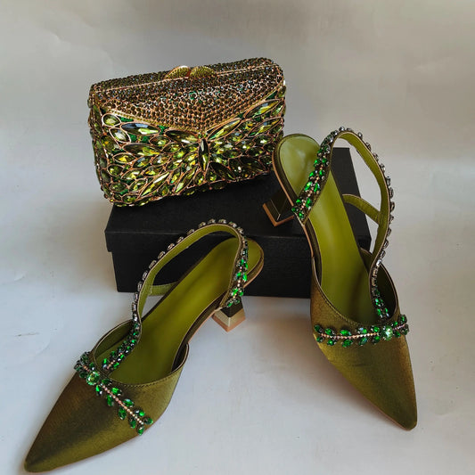 Insightlink Olive Green Rhinestone Chain Pointed Toe Heels Sparkly Crystal Ankle Strap Pumps Luxury Wedding Evening Shoes