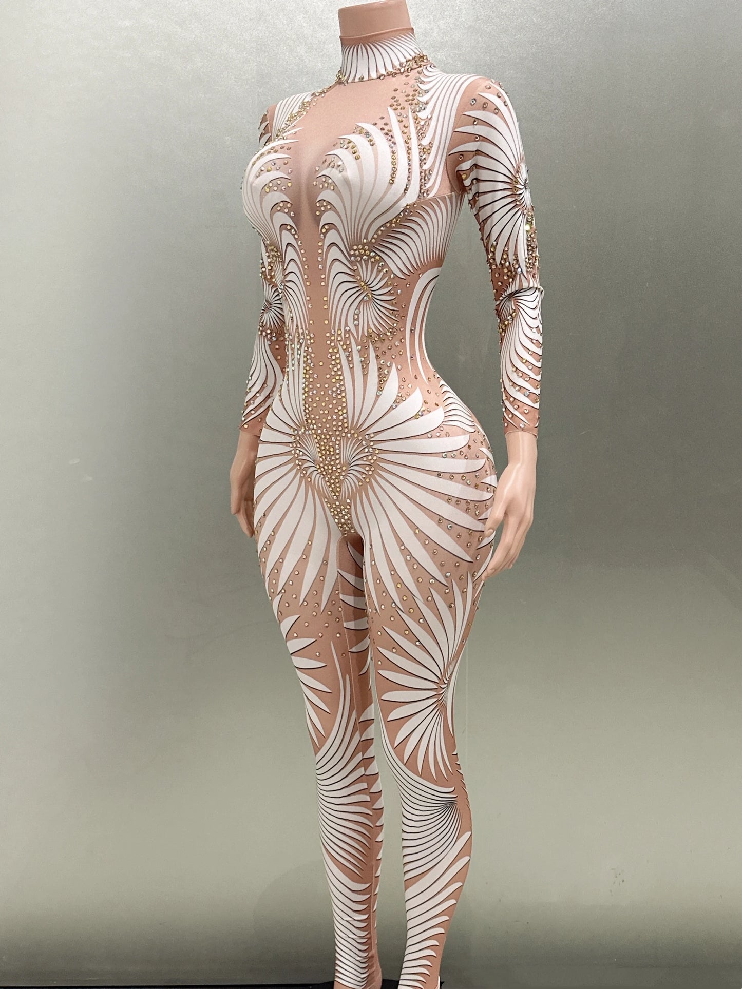 White Printing Shinning Diamonds Sexy Elastic Sheath Long Jumpsuit Evening Party Performance Bar DJ Nightclub Singer Stage Wear