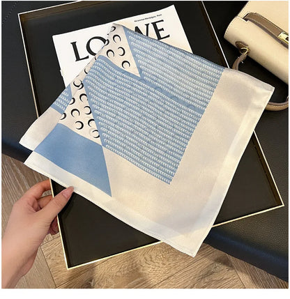 100% Natural Mulberry Silk Square Scarf 53x53cm Blue White Moon Print Women Neck Scarf Headband Bag Scarf Elegant Gift