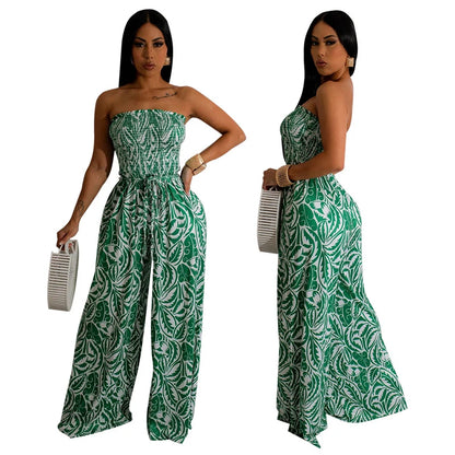 Elegant Print Jumpsuits for Woman Romper Sleeveless Backless Strapless High Waist Loose Straight Wide Leg Jumpsuit Club Clothing