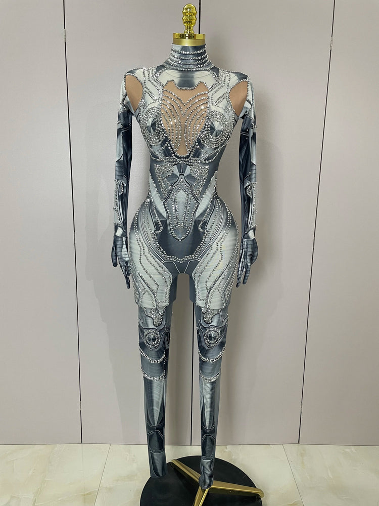 2025 New Trendy Women Sexy Rhinestones Printed Skinny Jumpsuit High Street Performance Dance Costume Bar Club Show Stage Wear