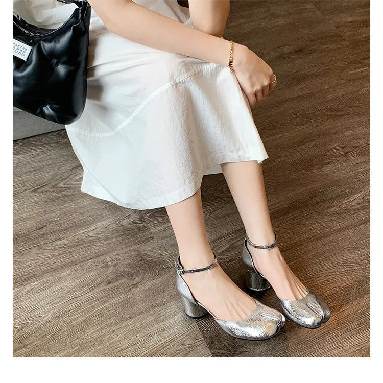 Modern Heels Pumps Women Round High Heel Leather Square Split Toe Pumps Shoes Spring Summer Sandals Mary Janes Shoes Heels Women