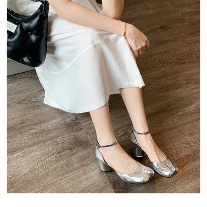 Modern Heels Pumps Women Round High Heel Leather Square Split Toe Pumps Shoes Spring Summer Sandals Mary Janes Shoes Heels Women