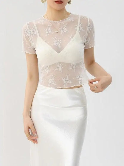White Lace Mesh Base Shirt Women's Transparent Inner Wear Outerwear Slimming Short Style Korean Version Floral Print Top
