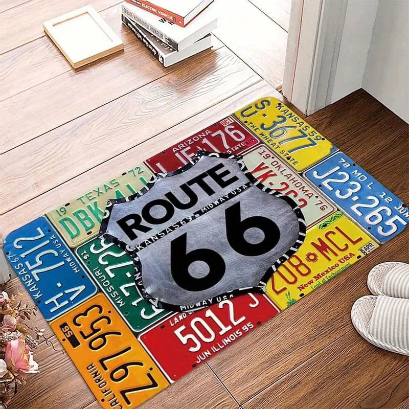 Route 66 License Plate Design Area Rug Durable Polyester Home Decor Living Room Floor Mat Unique Gift Idea