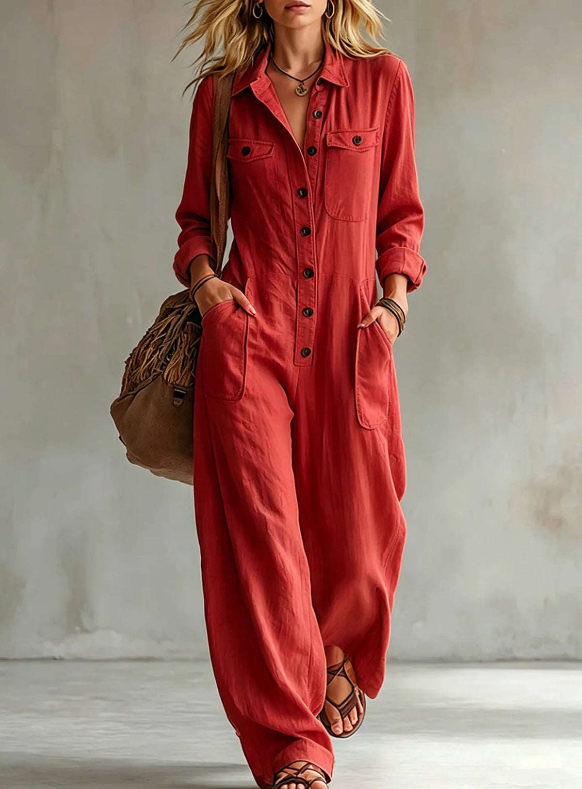 Retro Lapel Buttoned Pocket Solid Loose Commuting Pocket Jumpsuit Women Autumn New Vacation All-match Jumpsuits Women's Clothing