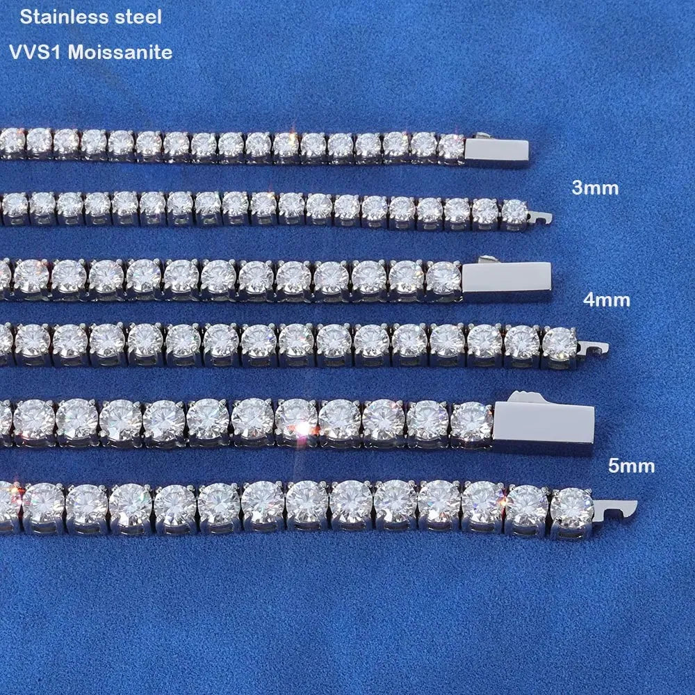 Iced Out 3/4/5mm Stainless Steel Tennis Necklace Round VVS1 Moissanite Water Proof Never Fade For Women Men Hip Hop Jewelry Gift