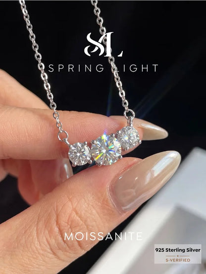 1CT Real Moissanite Diamond Three Round Shiny Necklace for Women's Anniversary Engagement 925 Sterling Silver Fine Jewelry