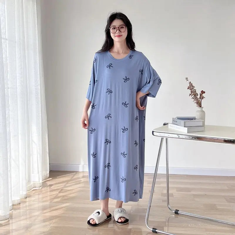 150kg Plus Size Summer Lazy Short Sleeve Long  T-Shirt Dress Korean Oversized Loose Nightgown Maternity Sleepwear Home Clothes