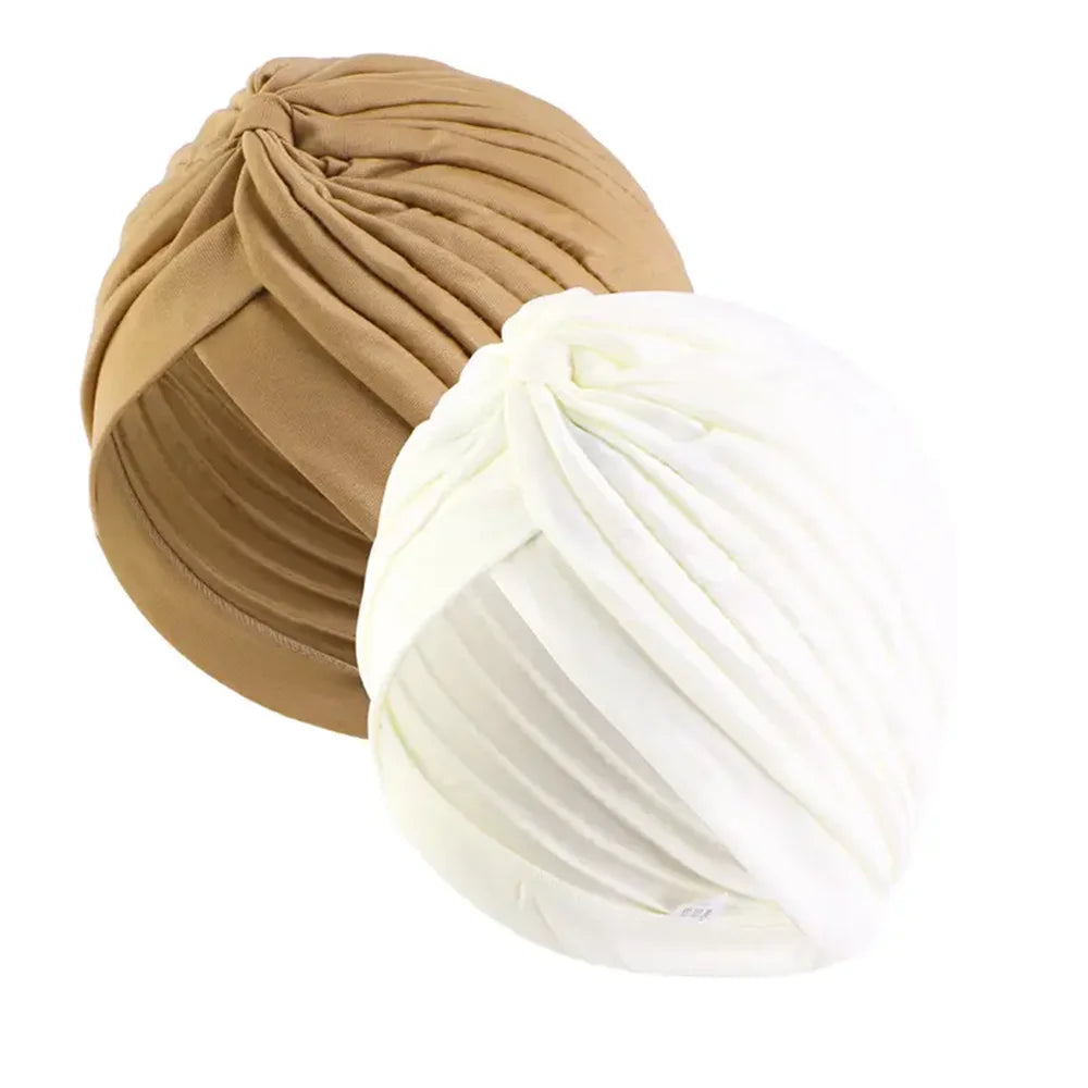 2pcsWomen's Pleated Knot Turban Hat, Soft Stretchy Beanie Cap for Chemo Hair Loss, Muslim Hijab Headwrap, Fashion Daily Headwear