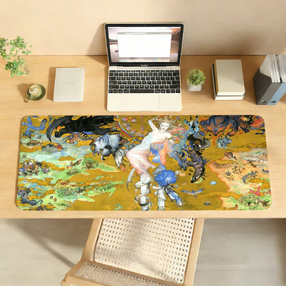 Gaming Mouse Pad, Large Desk Mat, Anti-slip Rubber Base, Stitched Edges, Golden Fantasy Art Print for Gaming & Office Desk Use