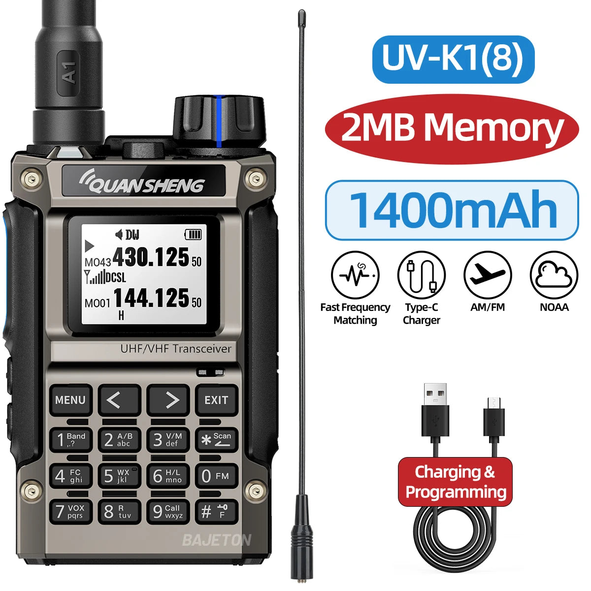 Quansheng UV-K1(8) Multi-Band Walkie Talkie 2MB Flash Wireless Copy Frequency Long Range Type-C Charger for Quansheng UVK5 K6