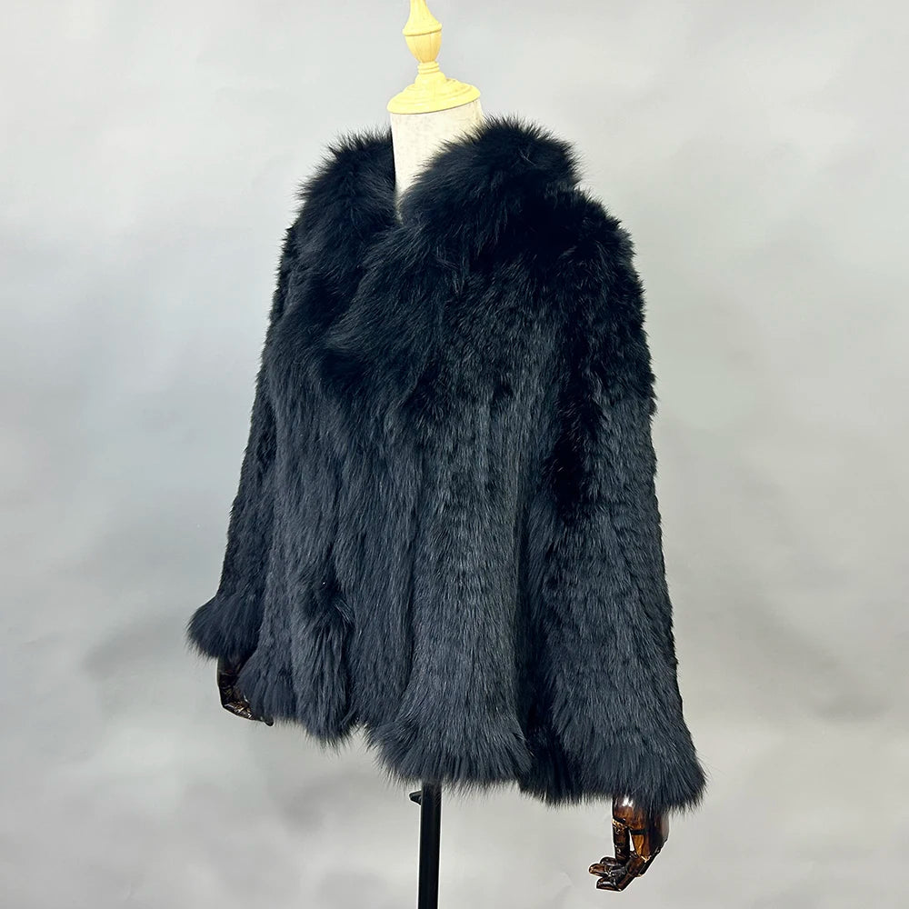 New Real Genuine Natural Knitted Rabbit Fur Shawl Coat With Fox Fur Collar Women's Fashion Knit Jacket Cape