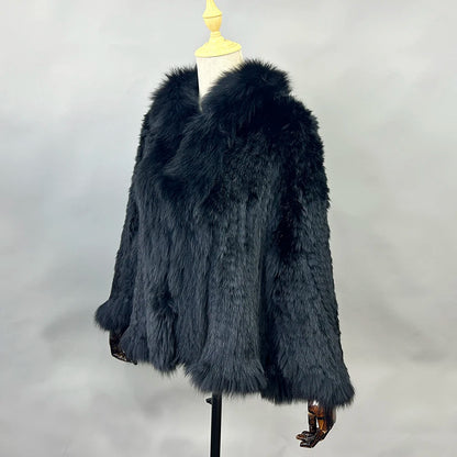 New Real Genuine Natural Knitted Rabbit Fur Shawl Coat With Fox Fur Collar Women's Fashion Knit Jacket Cape