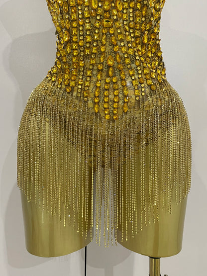 Luxury Golden Rhinestone Sexy Mesh Stretch Bodysuits Women Birthday Dancer Performance Stage Wear Nightclub Team Hotwife Outfit