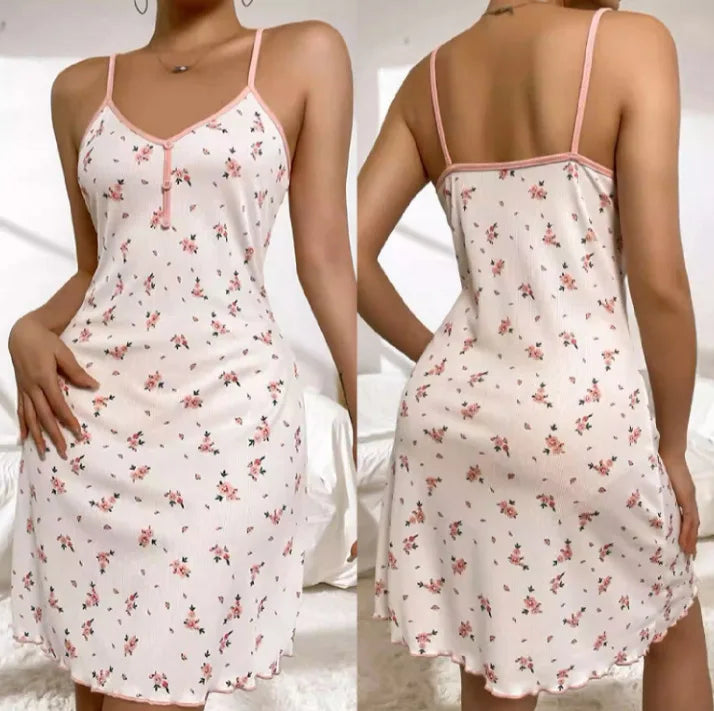 New Women's Sweet Floral Nightgown Button Front V-Neck Sleepwear Home Wear Suspender Print Sexy Mid Length Comfortable Plus Size