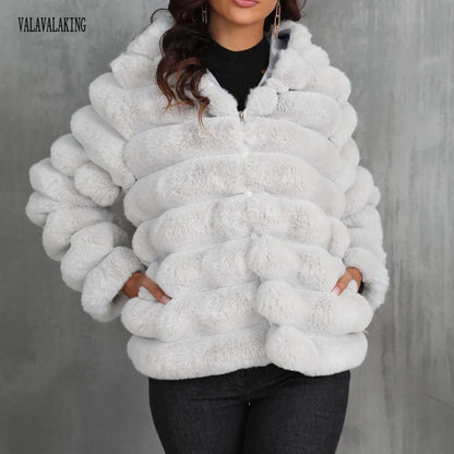2026 Winter Hooded Plus Size Faux Fur Cropped Coat Women Furry Long Sleeve Plush Jacket Lady Large Fake Fur Warm Fluffy Cardigan