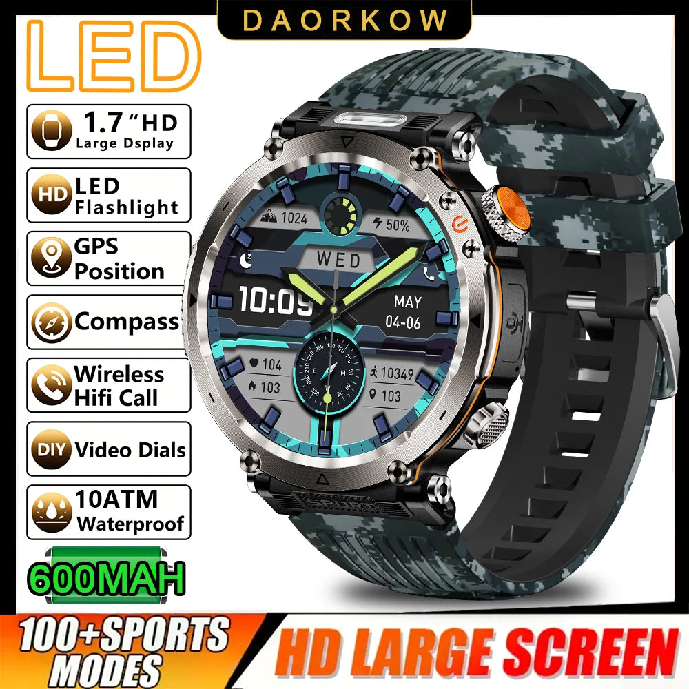 DAORKOW 2026 New Model 10ATM Waterproof 600mAh Smartwatch Compass LED Flashlight Bluetooth Call Outdoor Sports Smartwatch