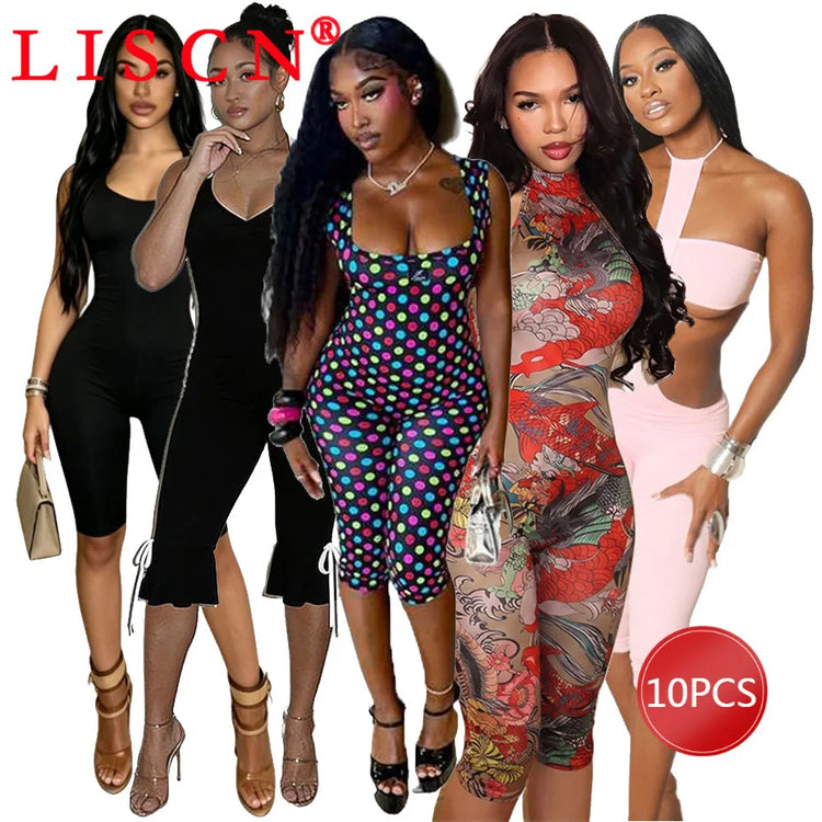 10 Bulk Items Wholesale Lots Jumpsuits for Women Sexy Sleeveless Printing Bodycon Rompers Party Club Clothes K17340