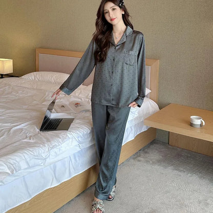 Women's New Arrival Silk-Feel Ice-Silk Lightweight Long-Sleeve Pajama Set Two-Piece Comfortable Homewear Suit