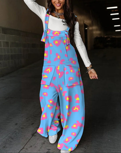 Women's Colorful Leopard Print Overalls - Wide Leg Loose Fit Casual Jumpsuit with Adjustable Straps High Waist Fashion Streetwe