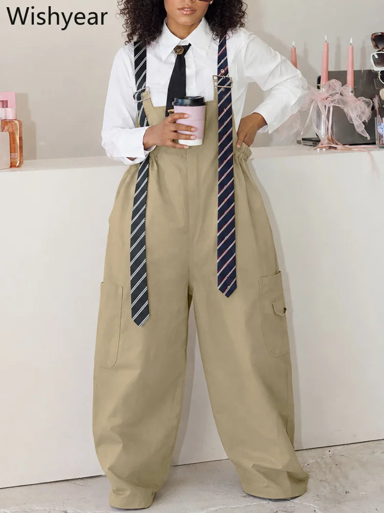 Women’s Overalls Jumpsuit Long Sleeve Shirt Style Patchwork Tie Detail Wide Leg Cargo Pants Casual Office Work Party Streetwear