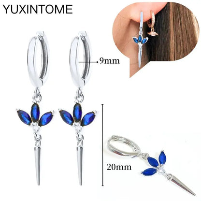 925 Sterling Silver Needle Dark Blue Crystal Silver Earrings Women's Exquisite Heart Blue Pendant Hoop Earrings Luxury Jewelry