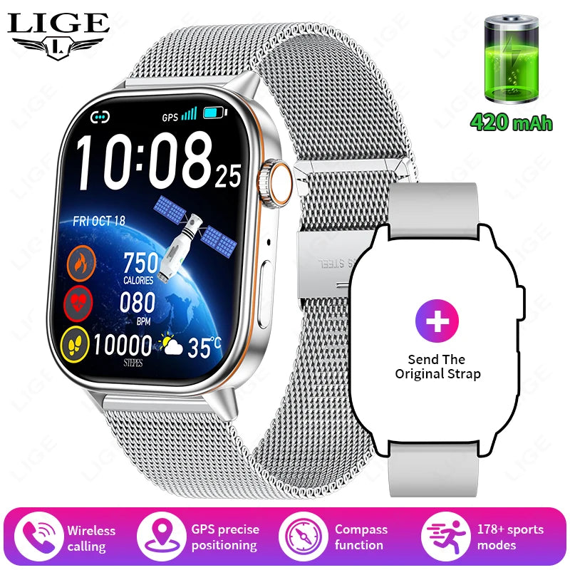 LIGE 2026 For Android IOS GPS Smart Watch Women 2.01" HD Screen Heart Rate Bluetooth Call Compass IP68 Waterproof Men Smartwatch