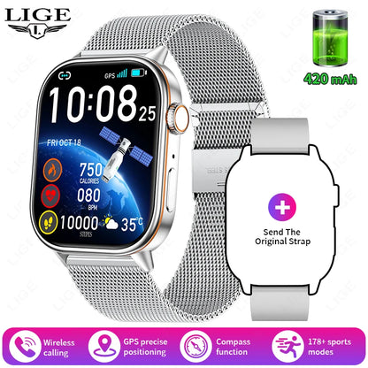 LIGE 2026 For Android IOS GPS Smart Watch Women 2.01" HD Screen Heart Rate Bluetooth Call Compass IP68 Waterproof Men Smartwatch