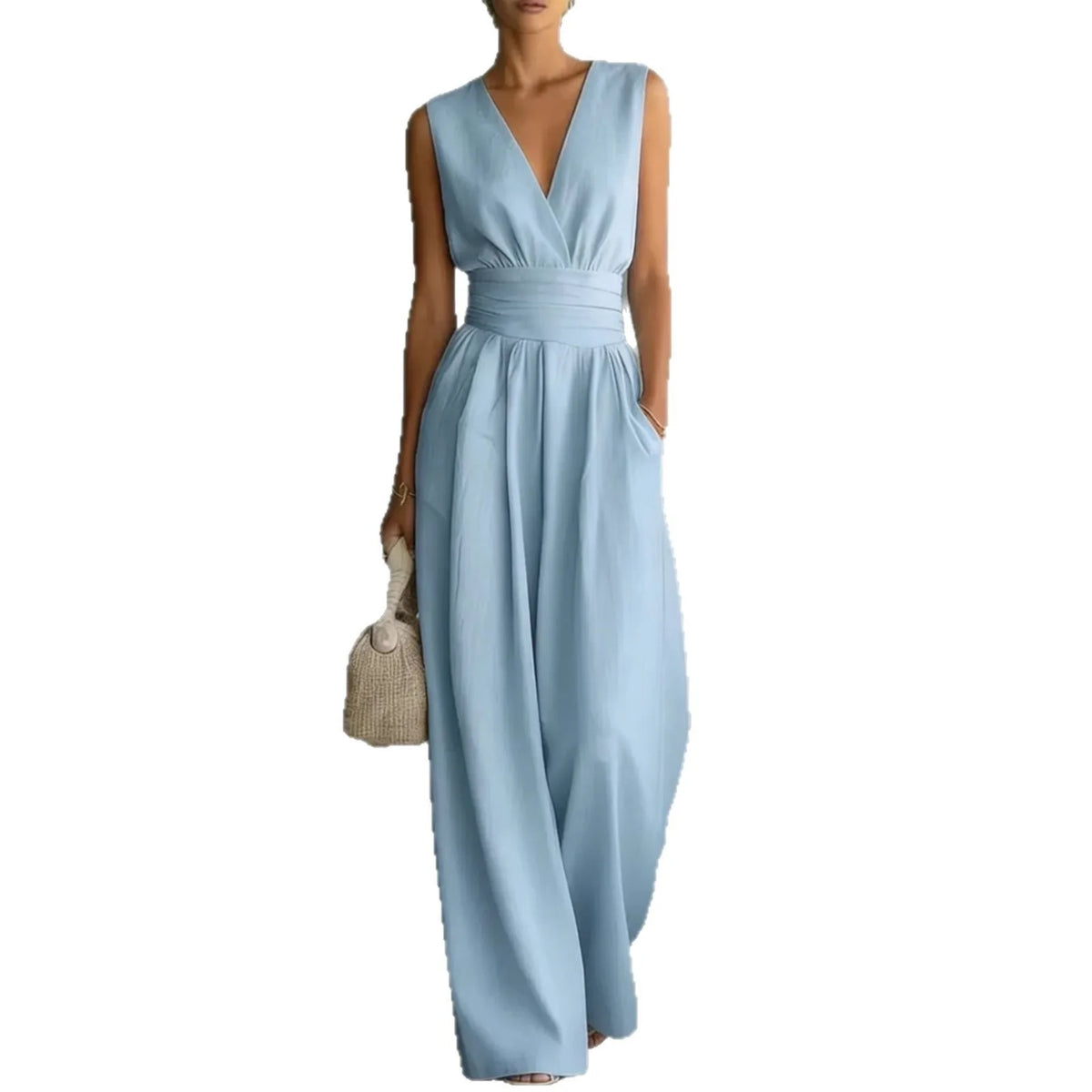 2026  V Neck Women's Jumpsuits Elegant Solid High Waist Rompers Casual Wide Leg Pants Pocket Overalls Vacation Outfit Loose
