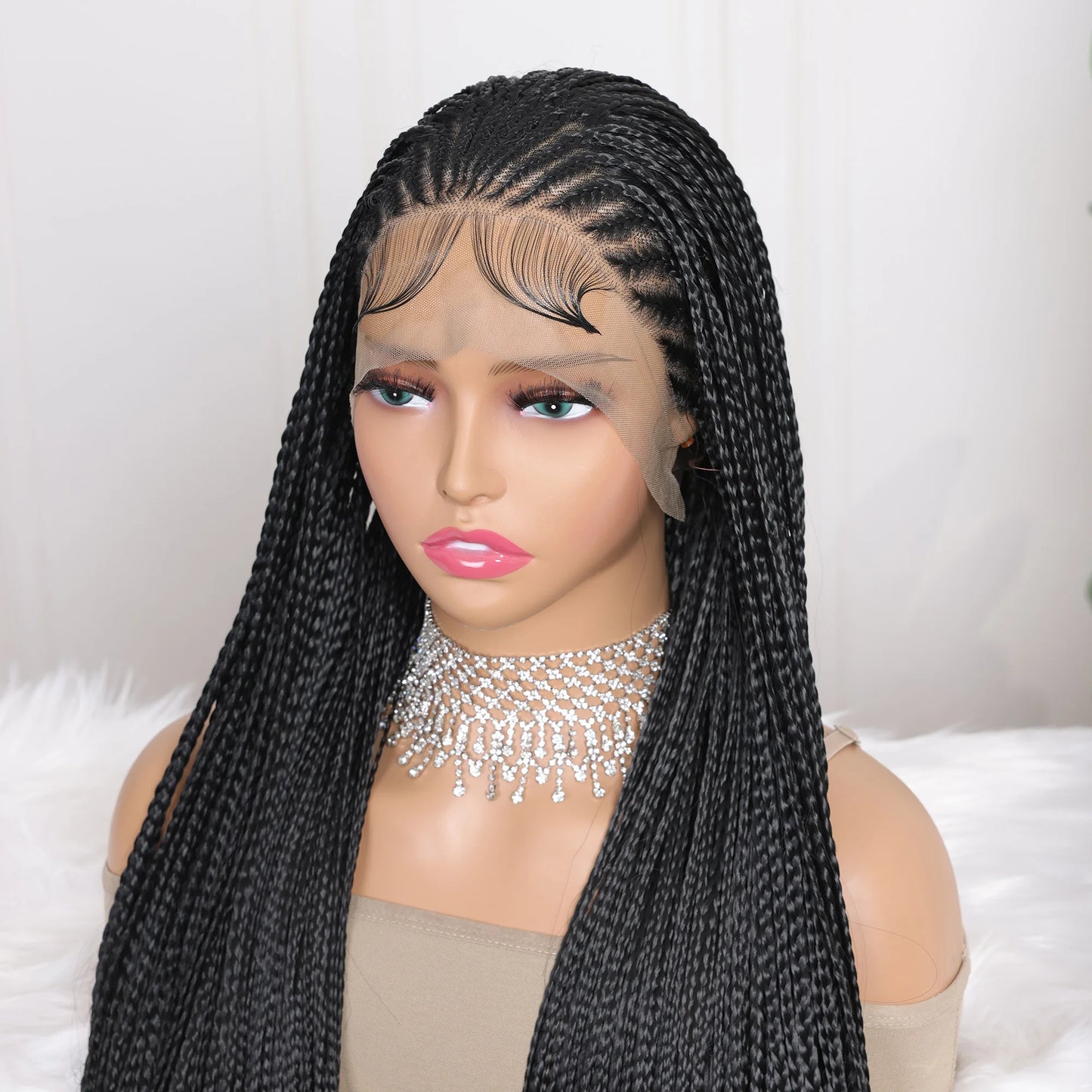 13X4 Lace Frontal Braiding Faux Locs Long Wig Goddess Twist Box Braided Synthetic Frontal Wigs For Black Women Bleached Knotless