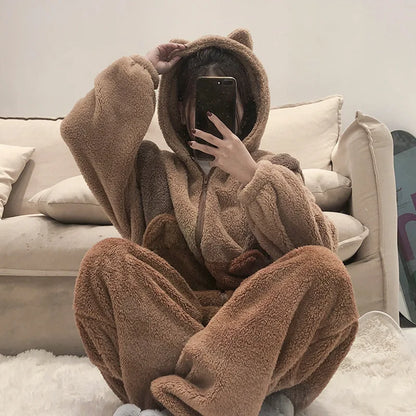 Flannel Anime Onesie Adults Animal Pijama Pajamas Set Women Men Cosplay Halloween Cartoon Pyjama Adults Winter Bear Sleepwear