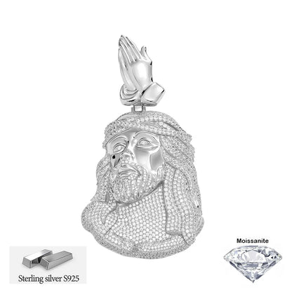 HHIOK Iced Out Jesus Head Pendant S925 Silver Moissanite Praying Hands Pendant Hip Hop Religious Jewelry For Men