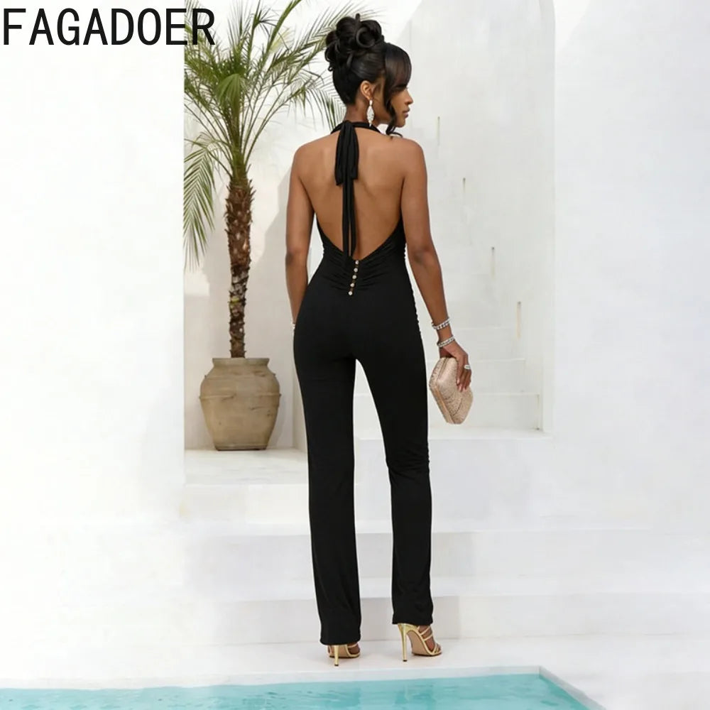 FAGADOER Sexy Solid Color Bodycon Jumpsuits Woman Halter Deep V-neck Sleeveless Backless Rompers Female Streetwear Overalls 2026