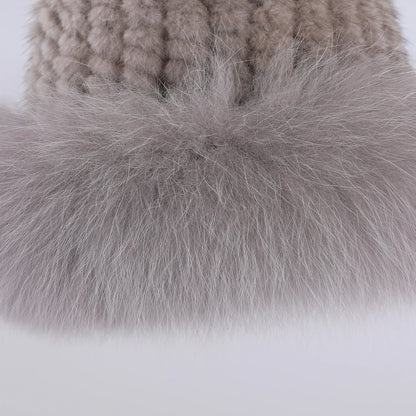 Women's Winter Warm Genuine Premuim Mink Fur Knitted Bucket Hat Furry Real Fur Caps Big Fox Fur Trim Brim Adjustable